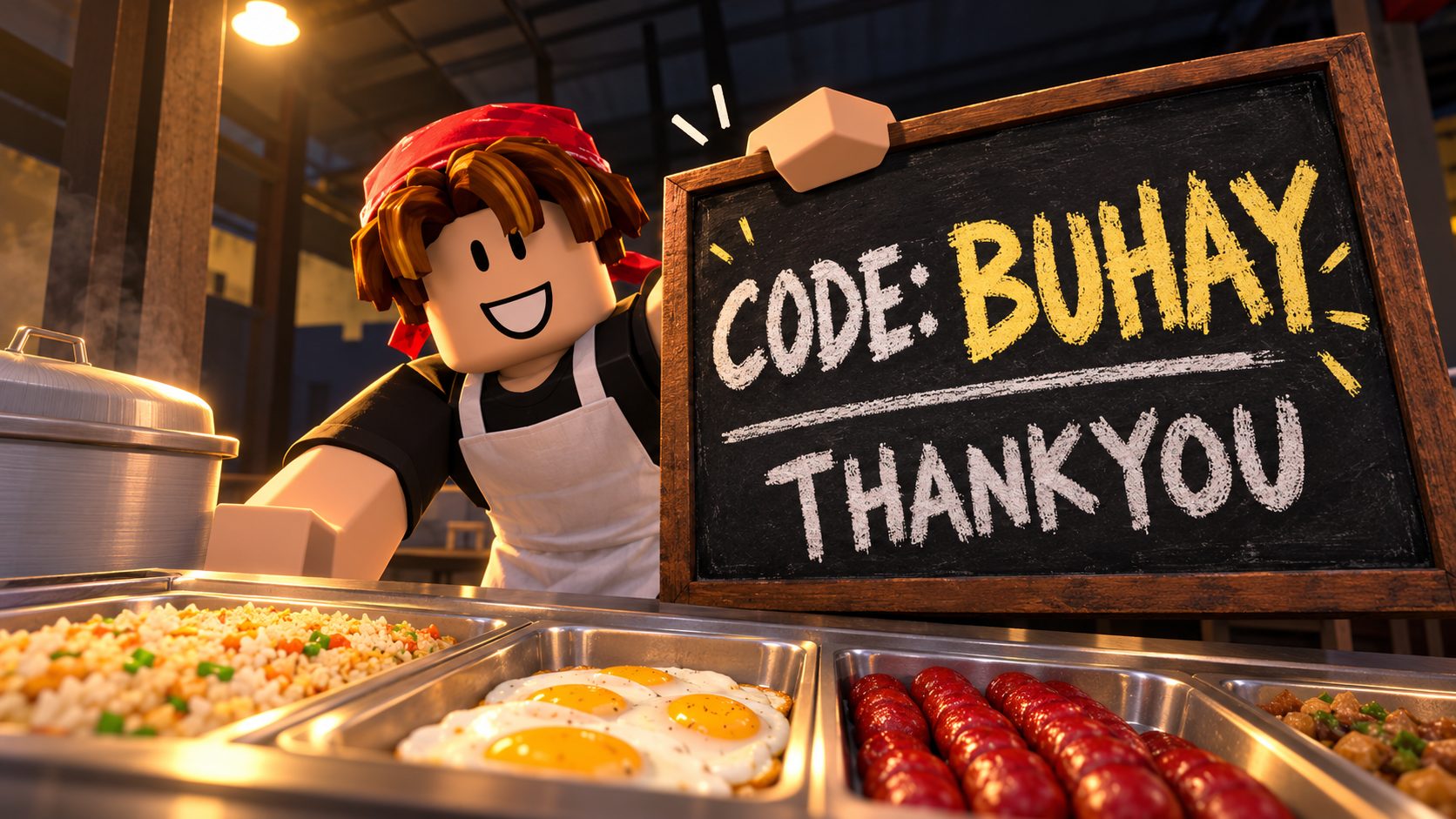 Cocinero de Roblox en el restaurante de Karinderya enseña un cartel con los códigos BUHAY y THANKYOU