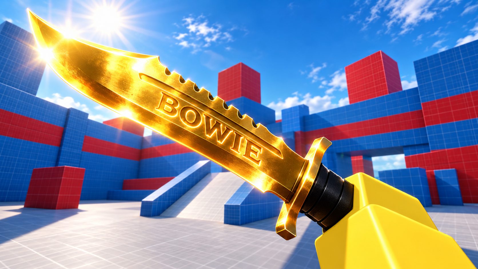 Cuchillo Bowie dorado con la palabra BOWIE grabada en una arena de Knife Duels en Roblox