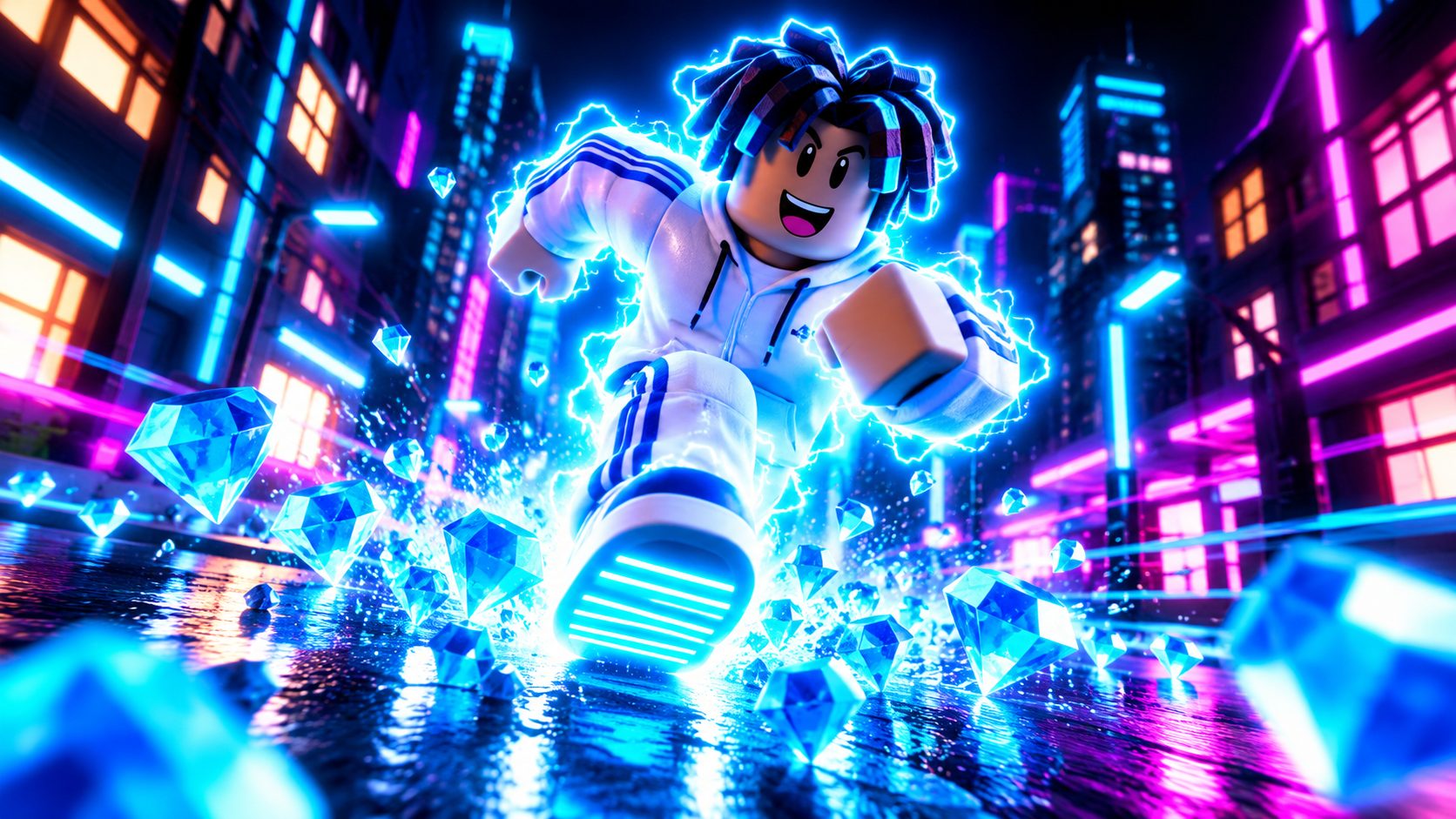 Avatar de Roblox corriendo envuelto en rayos azules entre un río de gemas en Legends of Speed