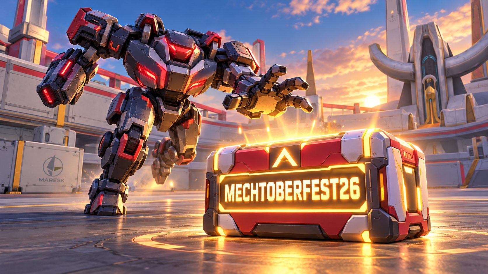 Un mech de Mech Arena se lanza a por la única caja de regalo con el código MECHTOBERFEST26 en una arena vacía