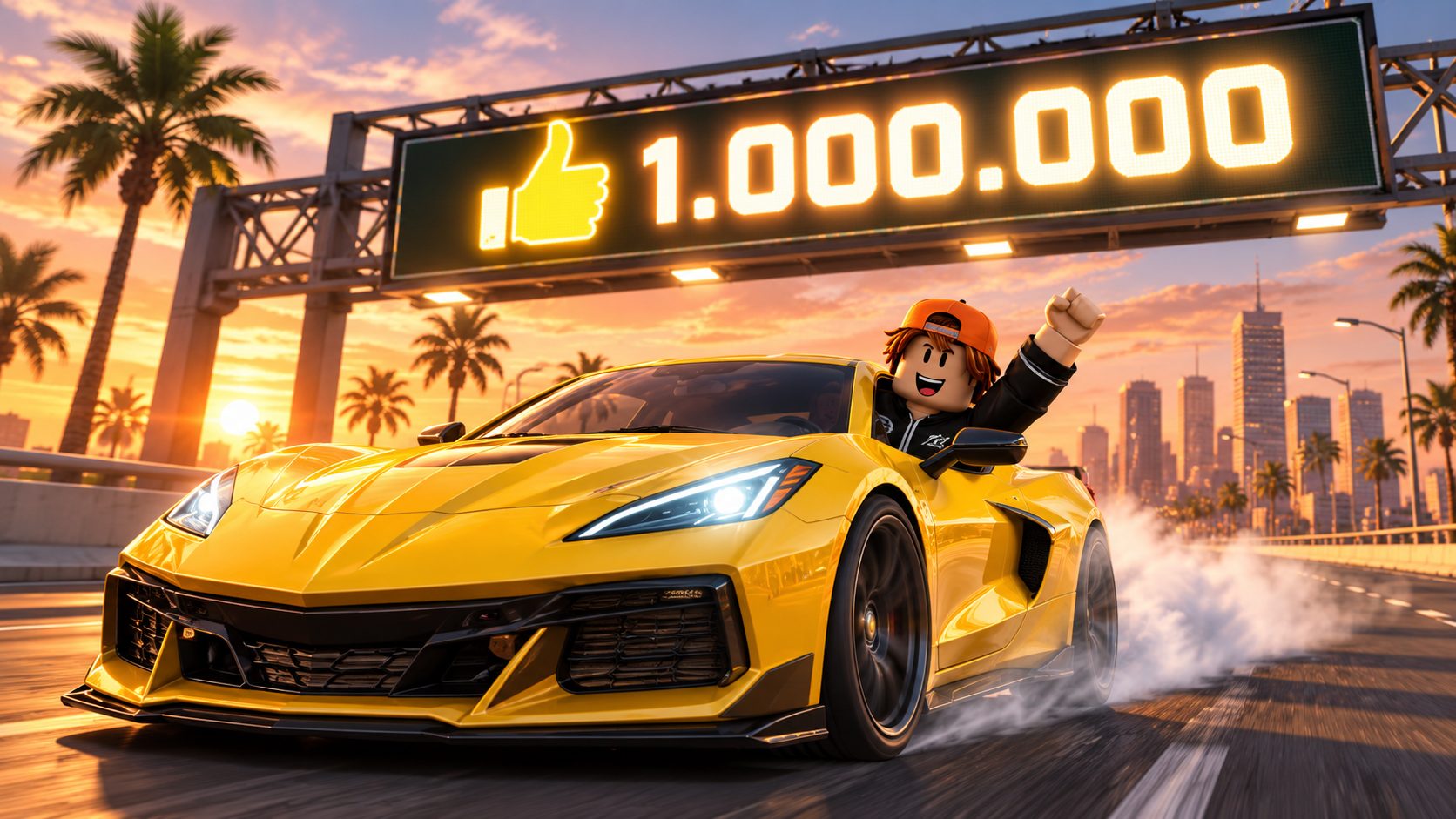Coche deportivo amarillo en la autopista de Midnight Chasers de Roblox bajo un cartel con un pulgar arriba y 1.000.000