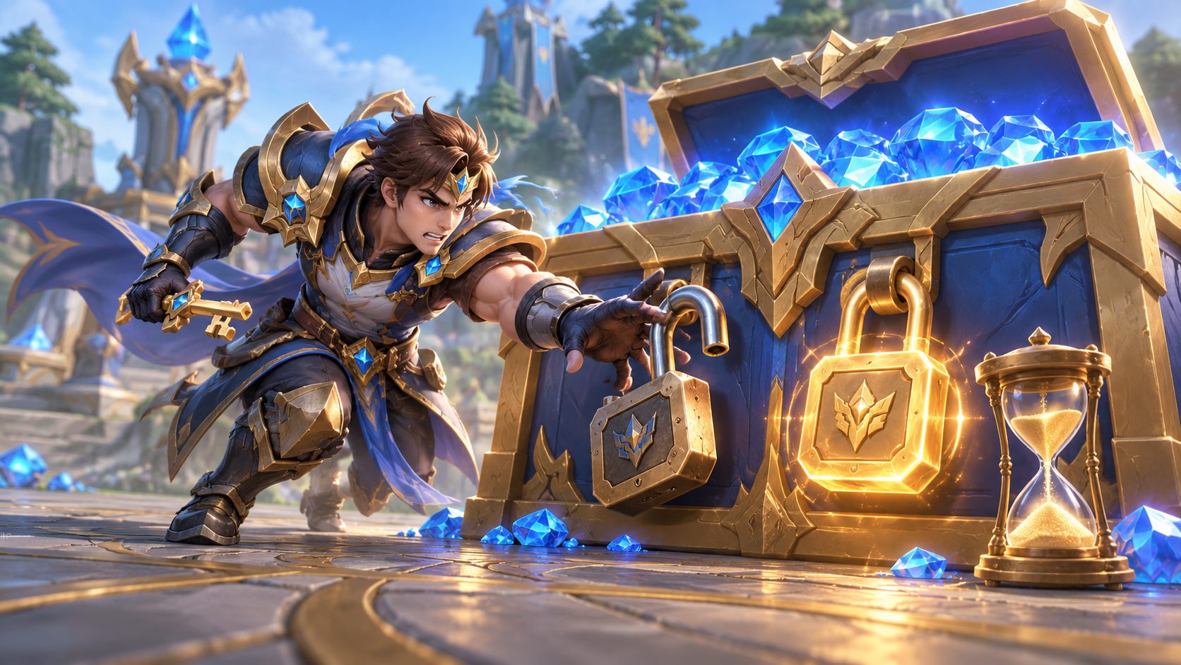 Cofre de diamantes de Mobile Legends cerrado con dos candados, uno abierto y otro con un reloj de arena al lado