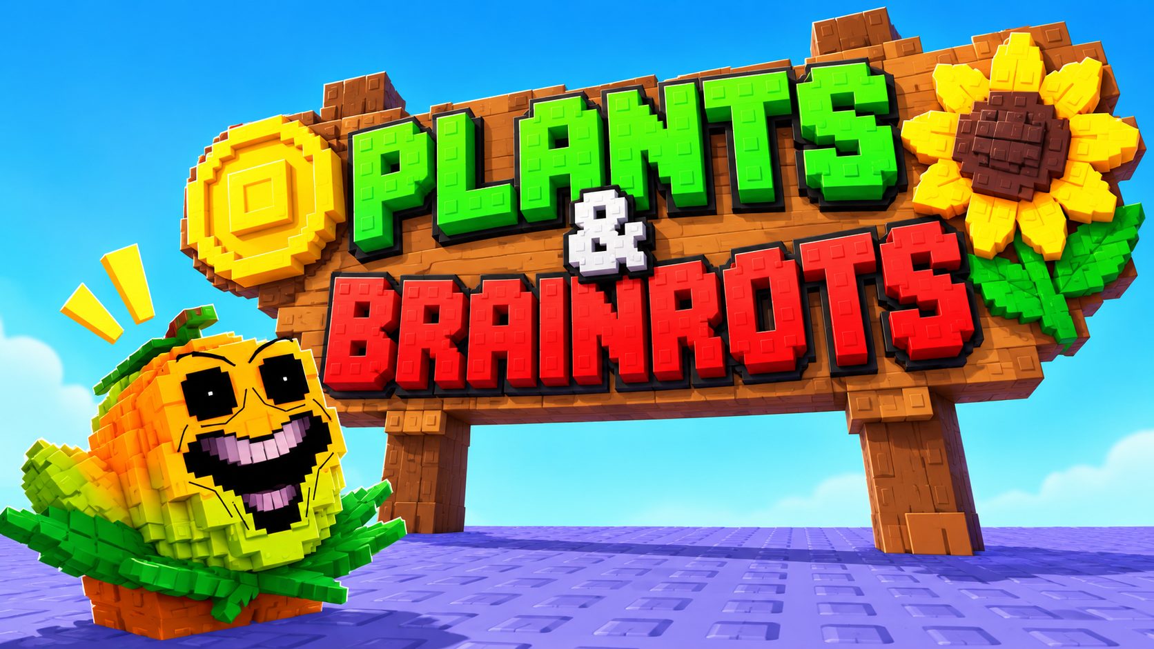 Cartel de Plants & Brainrots en un jardín del juego de Roblox