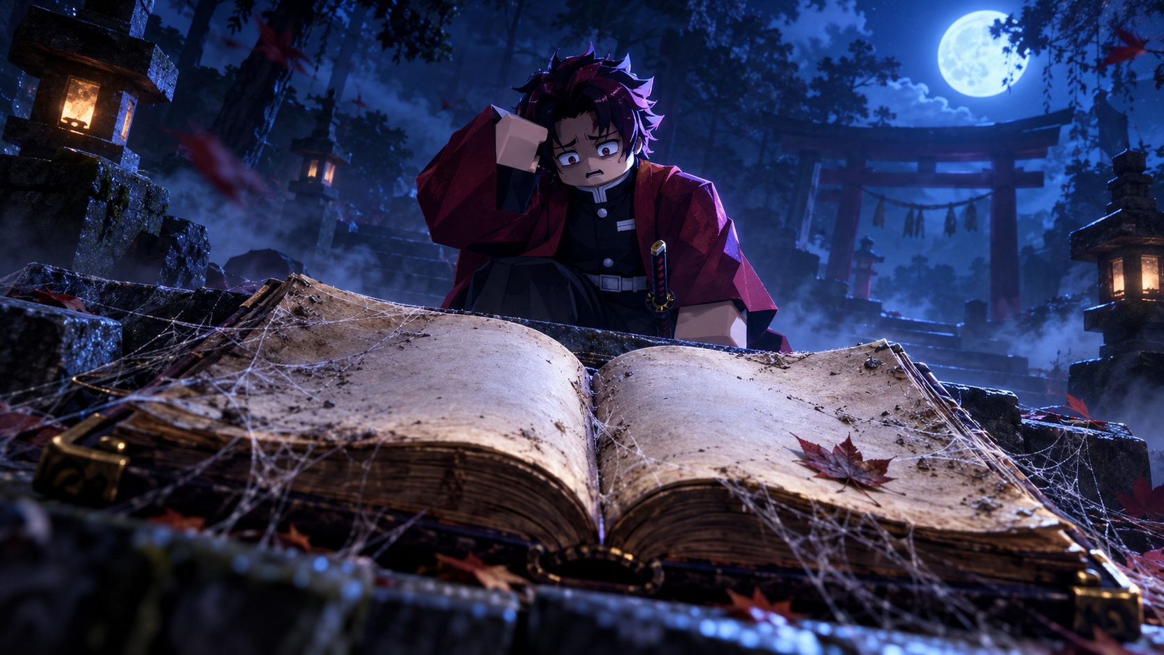 Cazador de demonios de Project Slayers ante un libro de recompensas vacío y lleno de telarañas