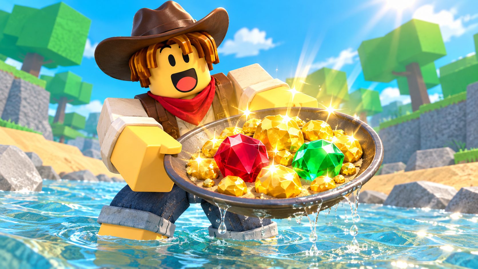 Avatar de Roblox metido en un río de Prospecting enseña una batea llena de pepitas de oro, un rubí y una esmeralda