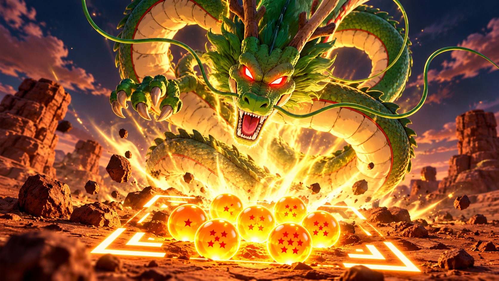 Shenron aparece en Dragon Ball Legends sobre las siete esferas del dragón dentro de un marco de código QR