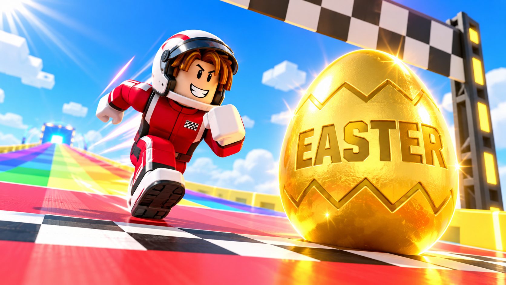 Avatar de Roblox corriendo en la pista de Race Clicker hacia un huevo dorado gigante con la palabra EASTER