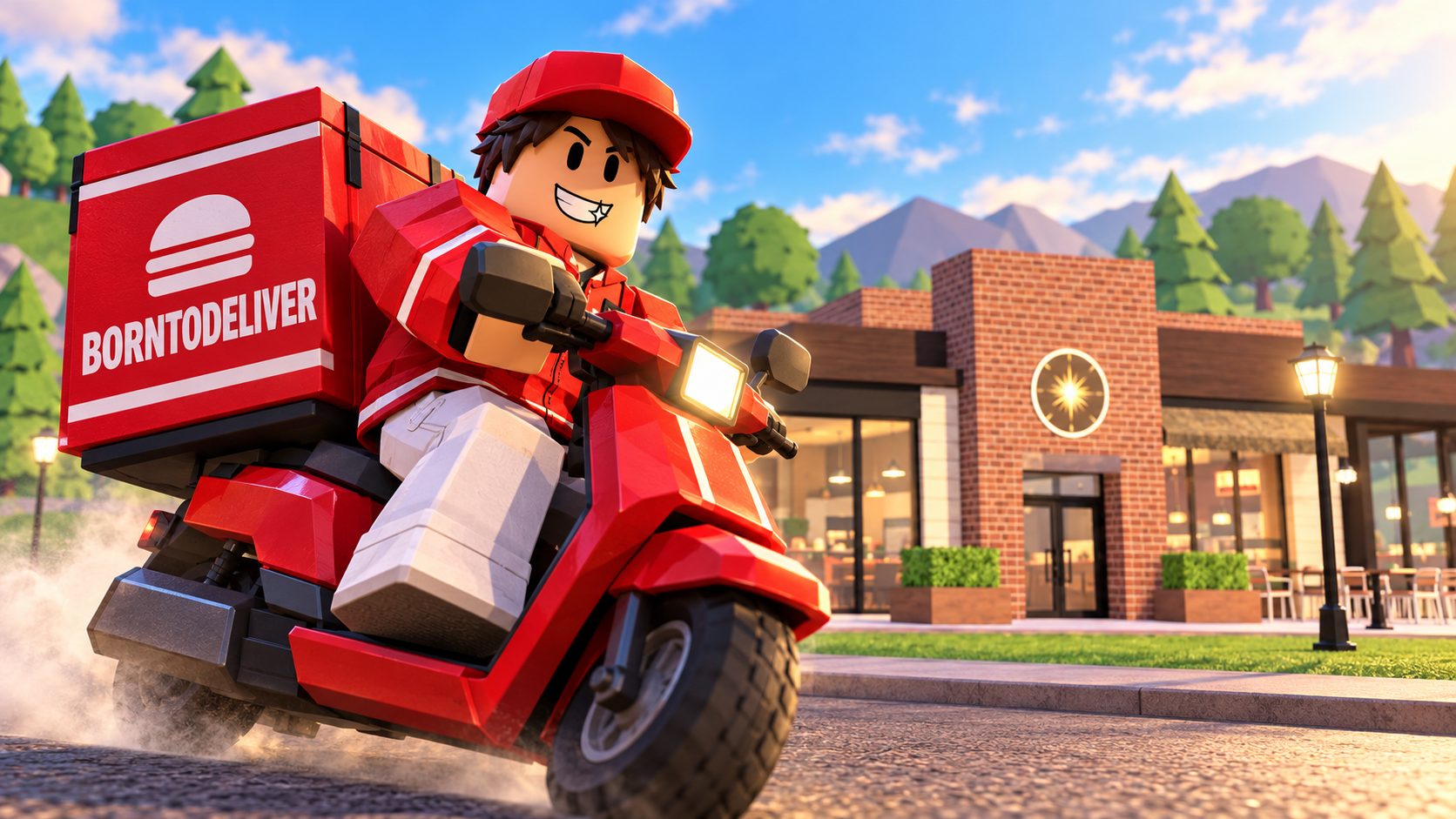 Repartidor de Roblox en moto frente a un restaurante de Restaurant Tycoon 3 con una caja que pone Borntodeliver