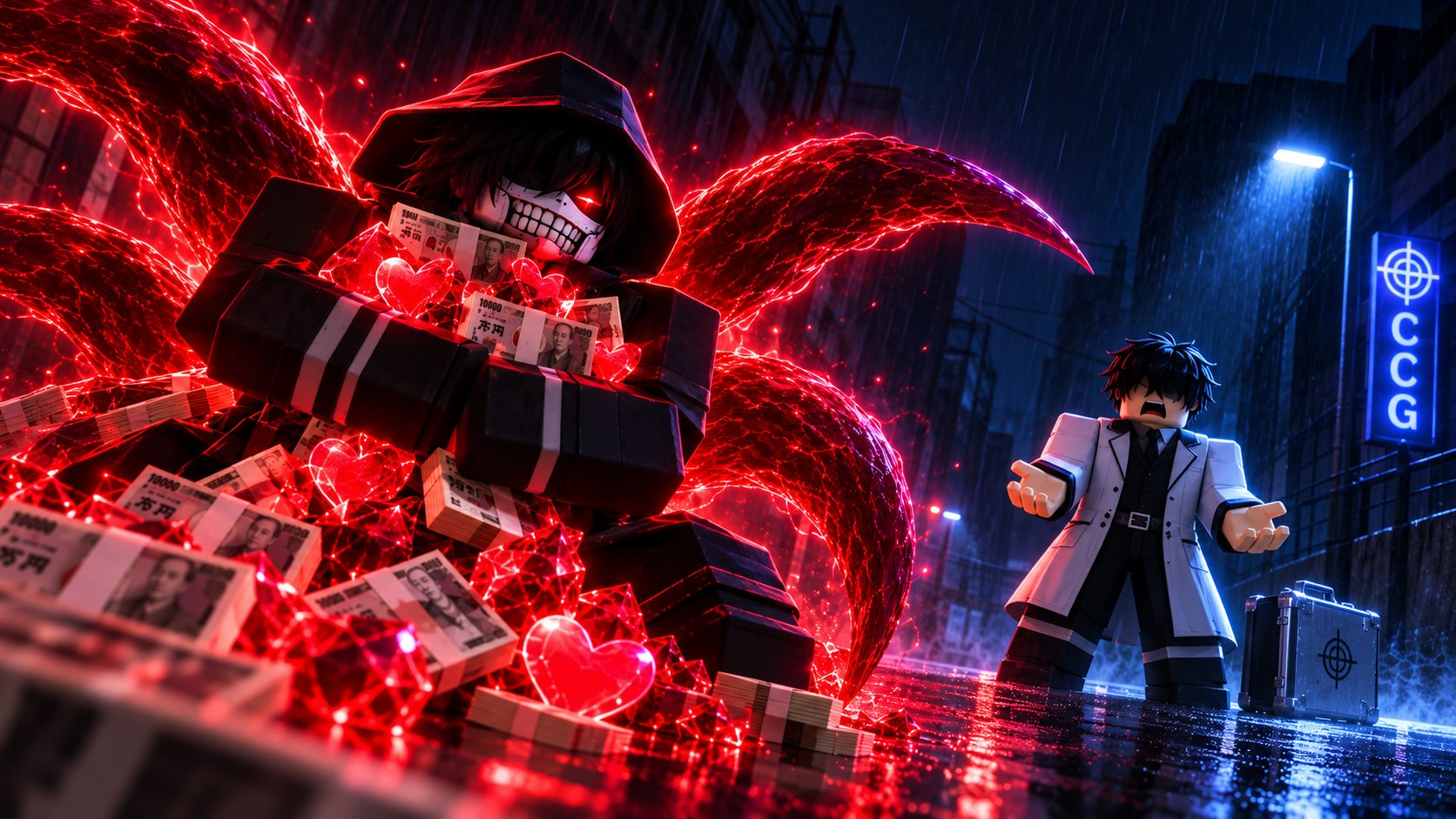 Un ghoul de Ro-Ghoul con su kagune roja abraza un montón de yenes y corazones mientras un investigador del CCG se queda con las manos vacías