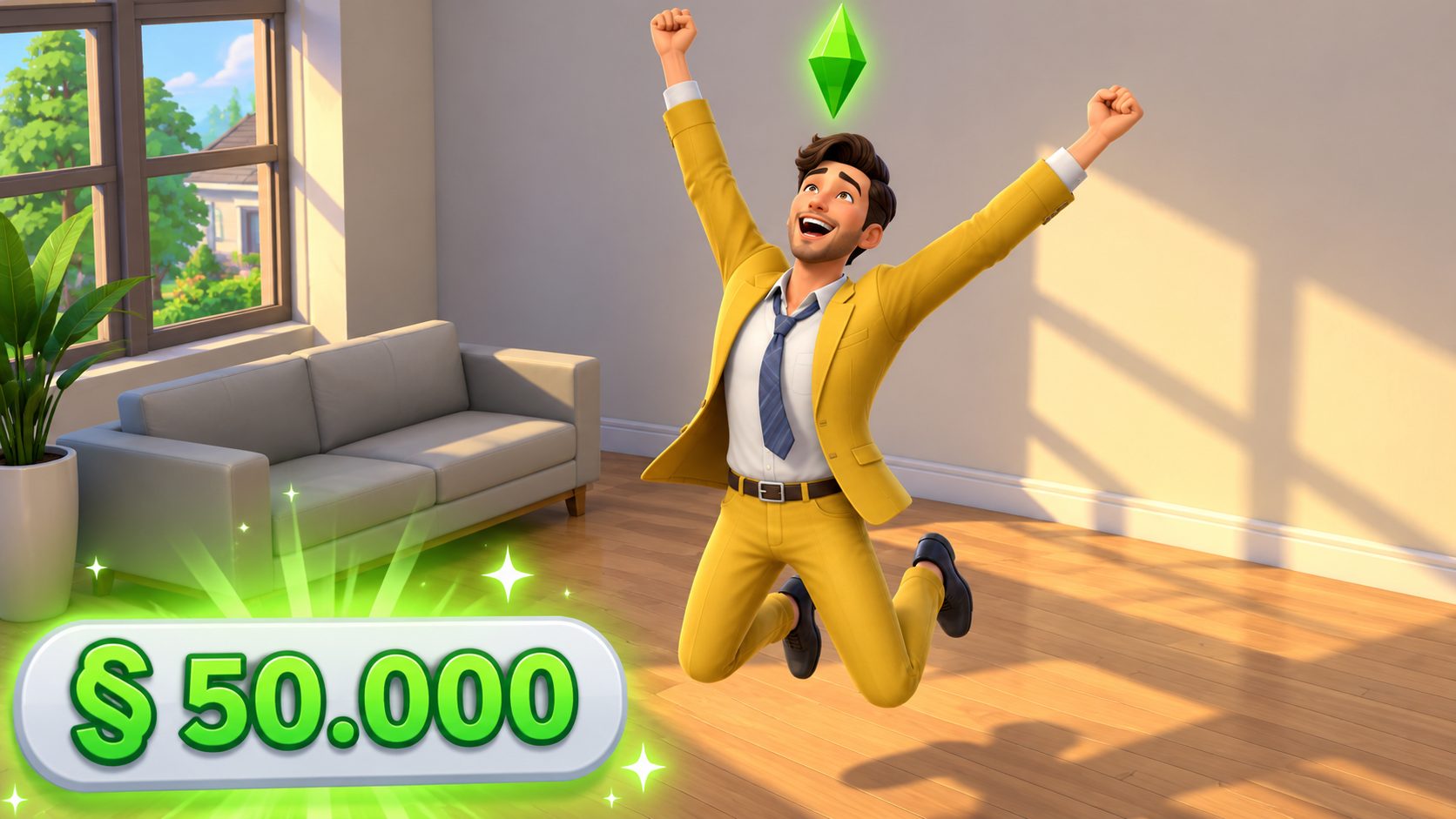 Un Sim de Los Sims 4 salta de alegría con el plumbob verde encima mientras el contador de fondos marca 50.000 simoleones