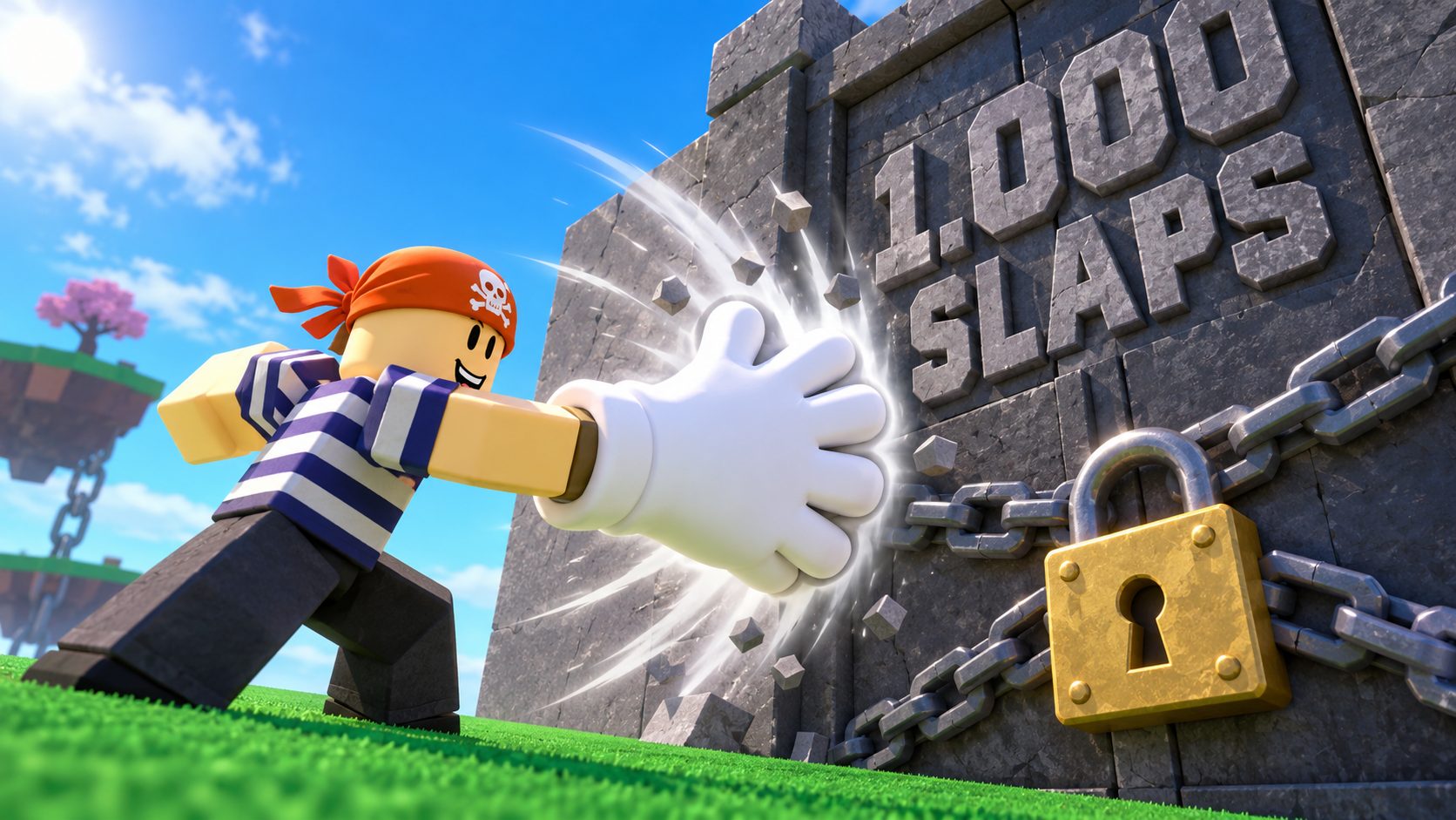 Avatar de Roblox golpeando con el guante blanco de Slap Battles una puerta de piedra que pide 1.000 slaps