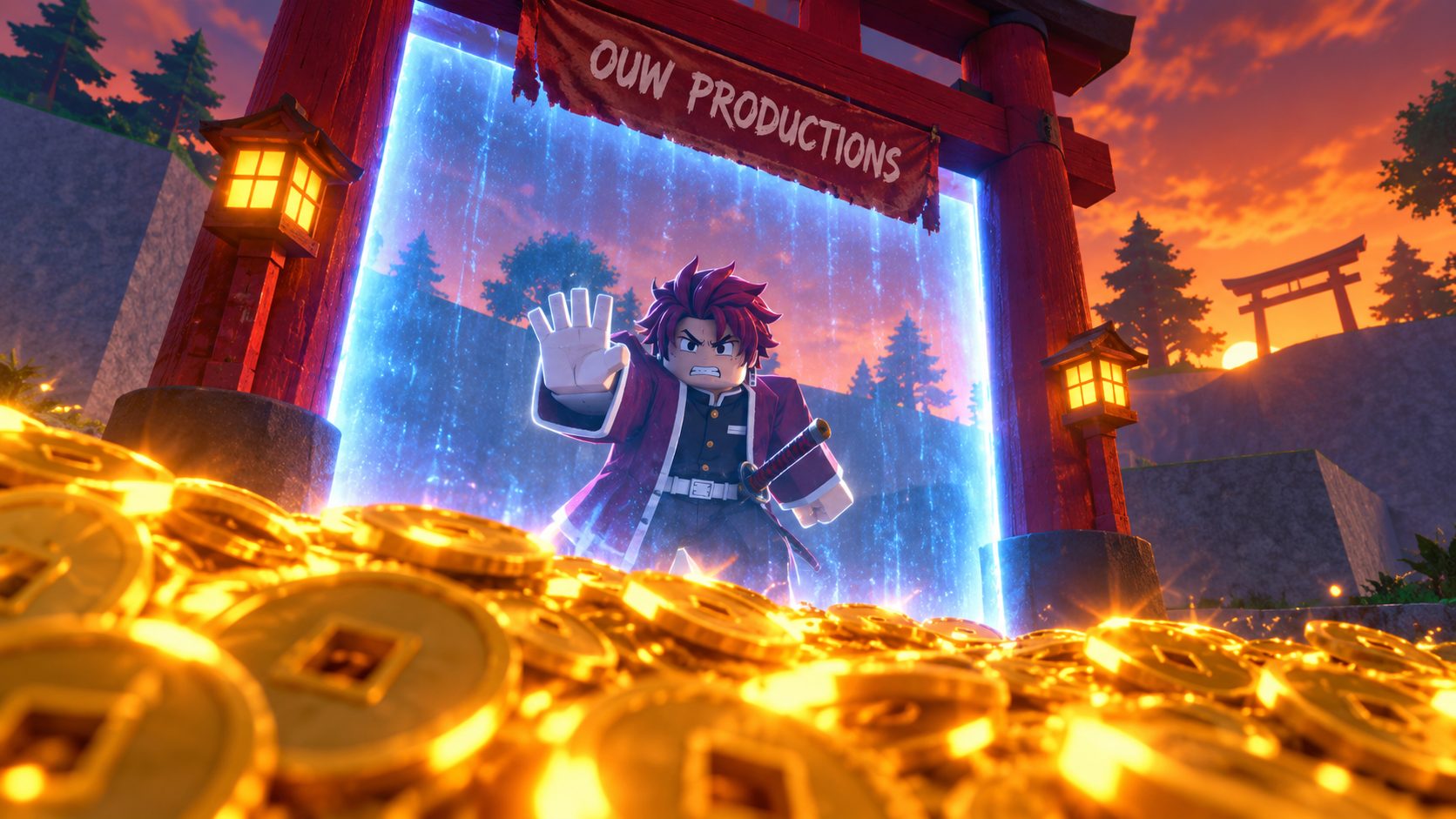 Cazador de demonios de Slayers 2 bloqueado por una barrera en un torii mientras al otro lado brilla un montón de monedas wen