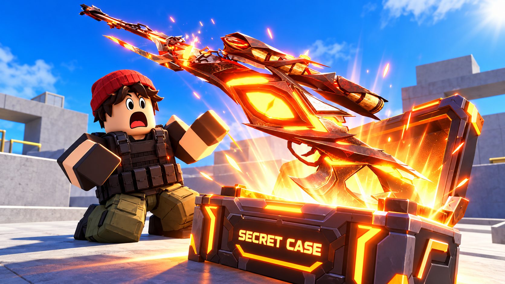 Avatar de Roblox sorprendido mientras se abre una Secret Case con un rifle de francotirador brillante en Sniper Arena