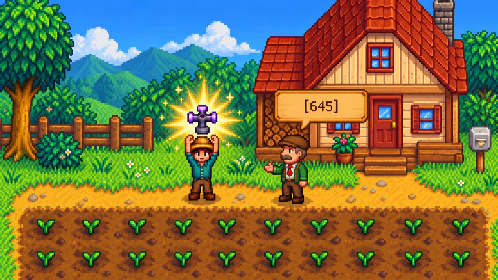 Granjero de Stardew Valley levantando un aspersor de iridio mientras el alcalde Lewis le habla