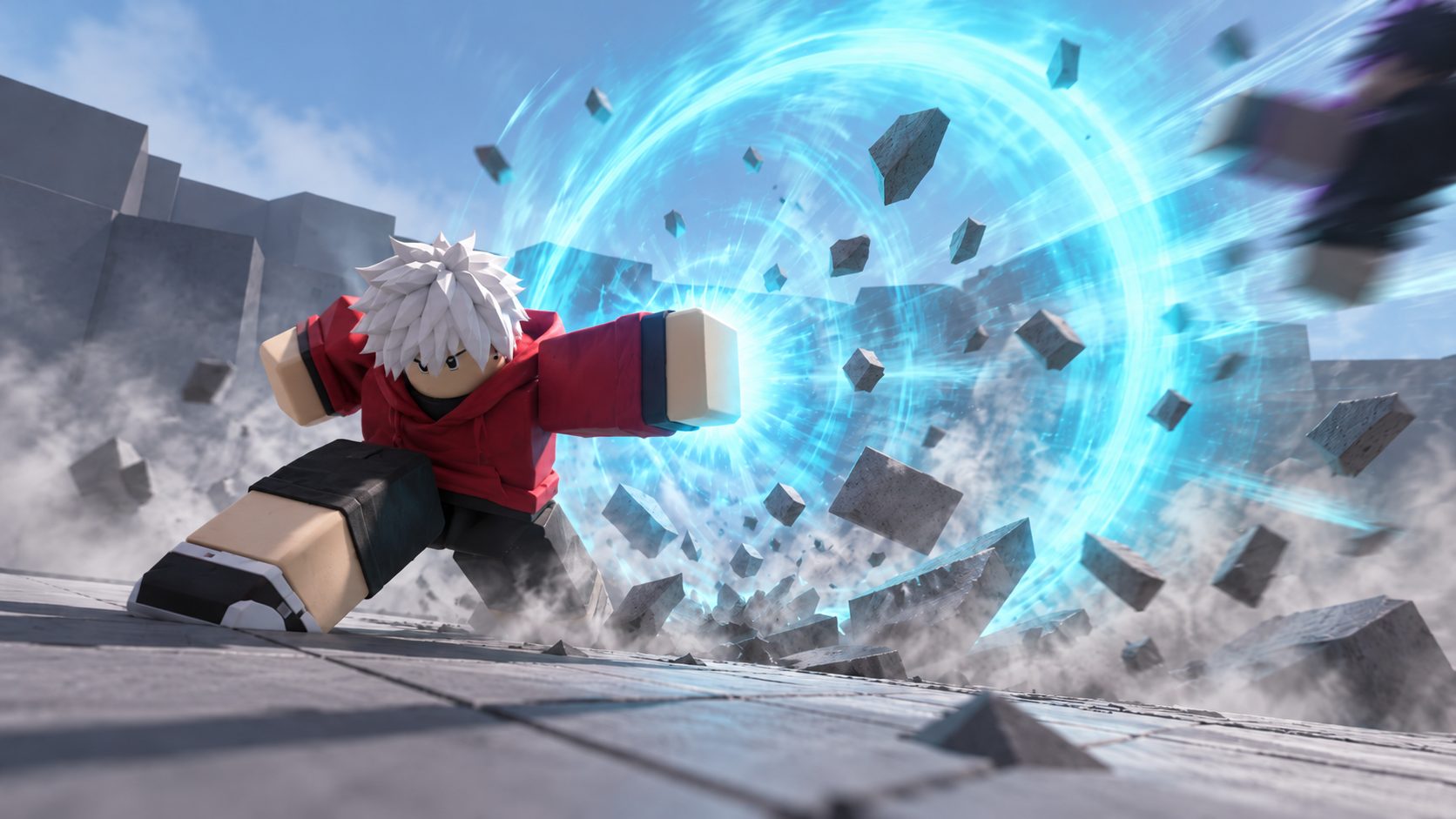 Luchador de The Strongest Battlegrounds en Roblox lanzando un golpe que suelta una onda de sonido