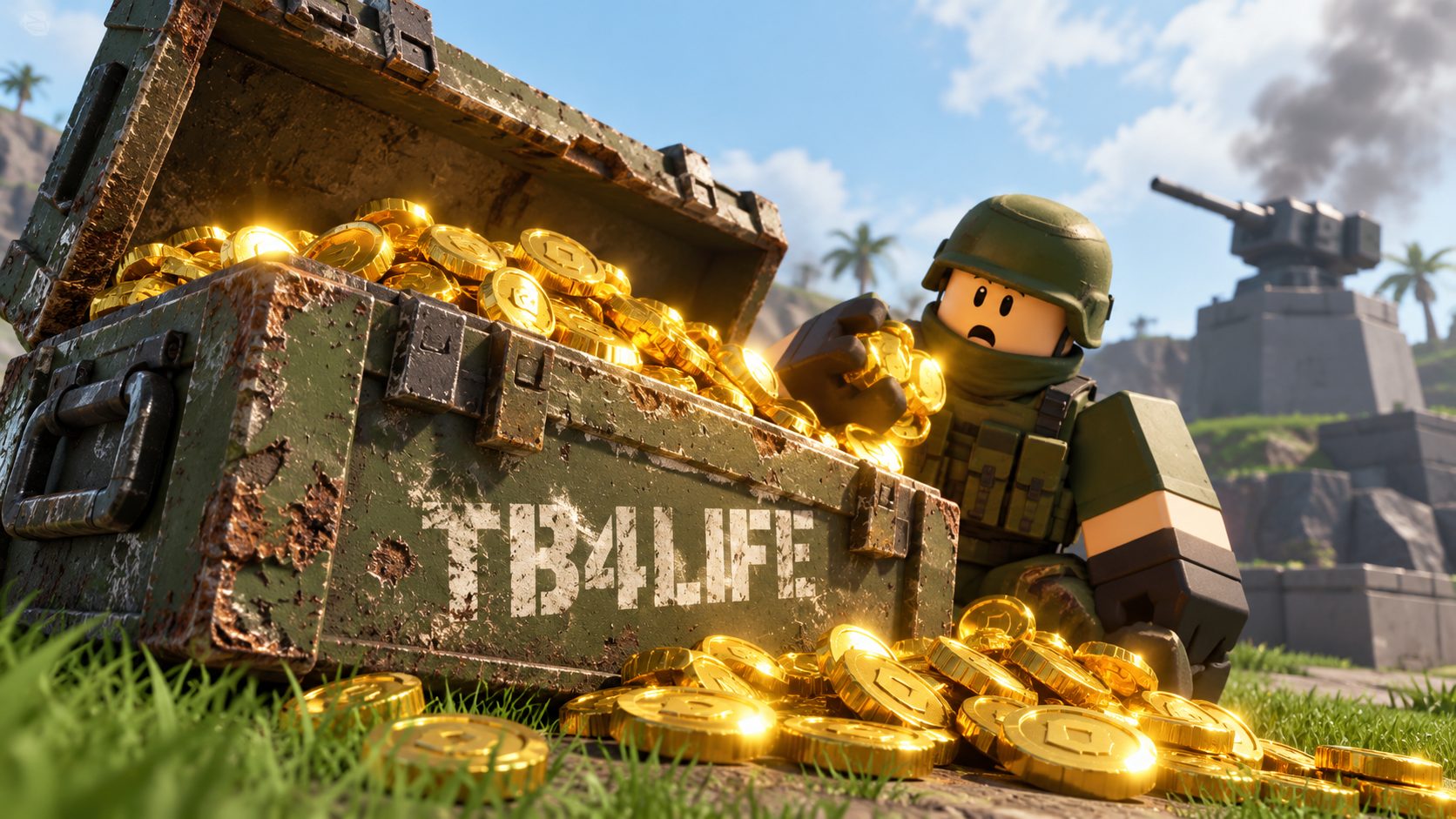 Soldado de Tower Defense X junto a una caja militar vieja llena de oro con el código TB4LIFE