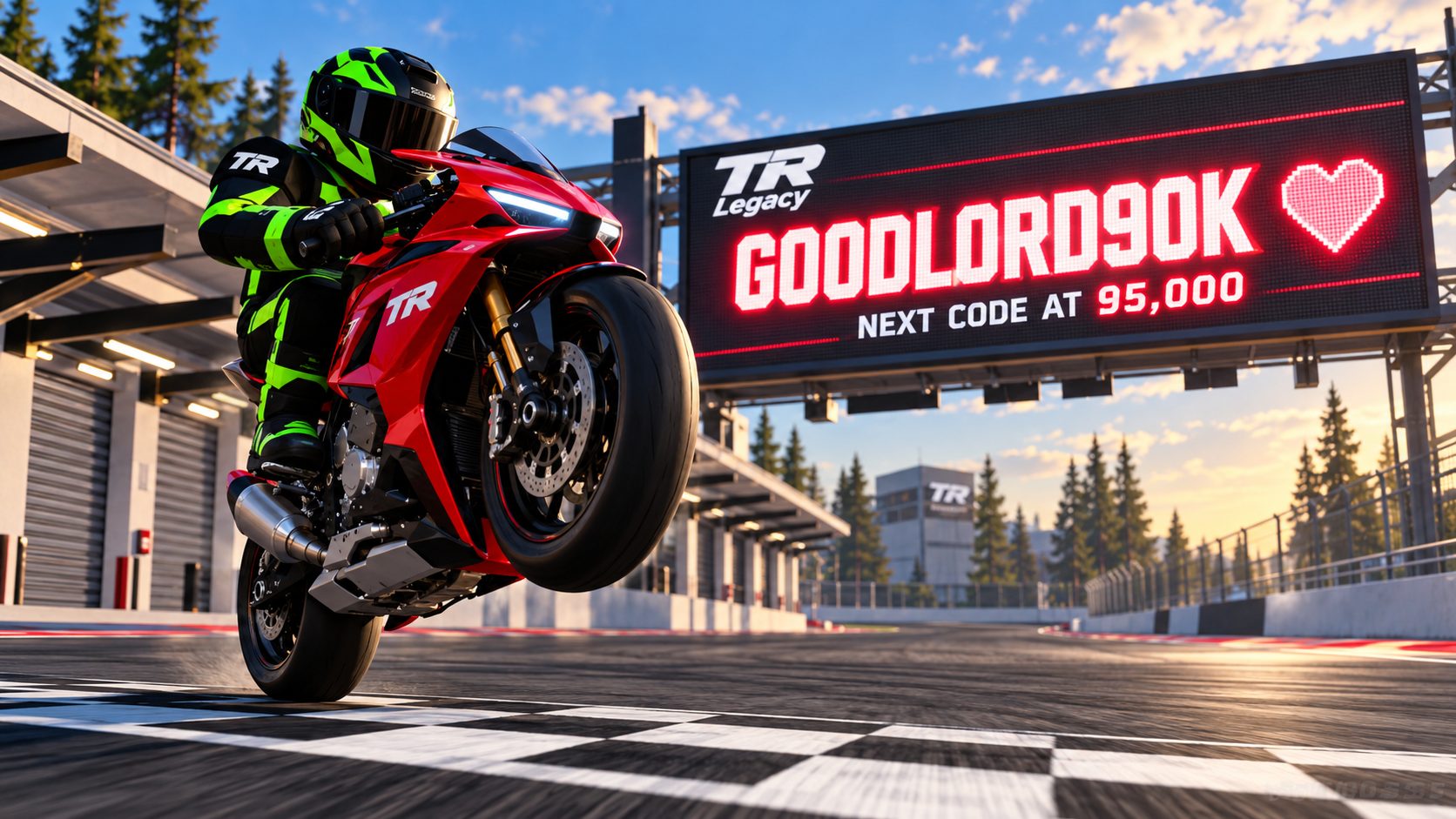 Piloto de Roblox haciendo un caballito con una moto roja en un circuito de TR Legacy bajo una pantalla con el código GOODLORD90K