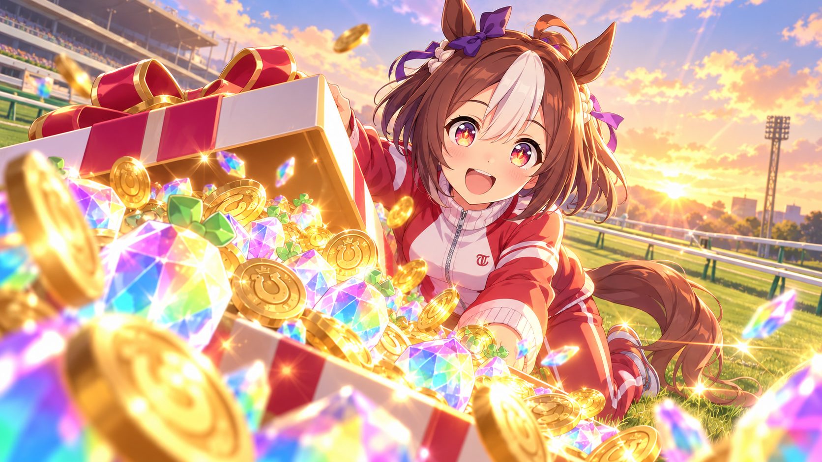 Una Umamusume abre una caja de regalo llena de carats en la pista de Tracen
