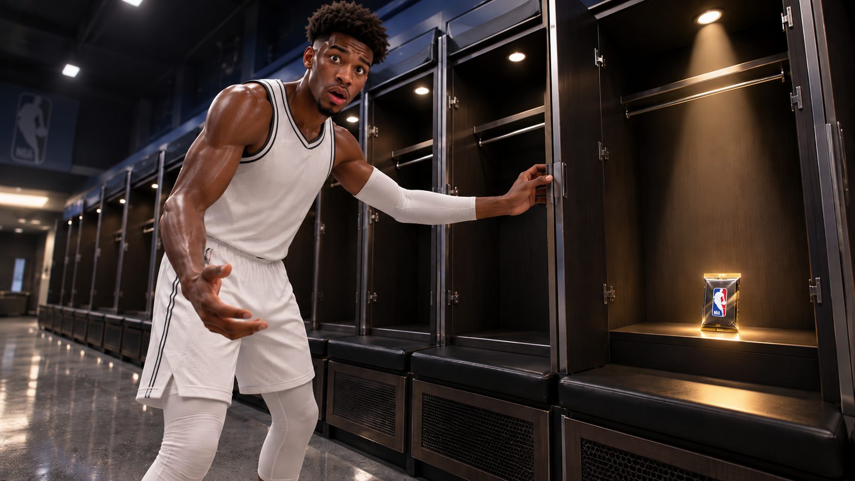 Jugador de NBA 2K26 en un vestuario con todas las taquillas vacías salvo una con un solo sobre