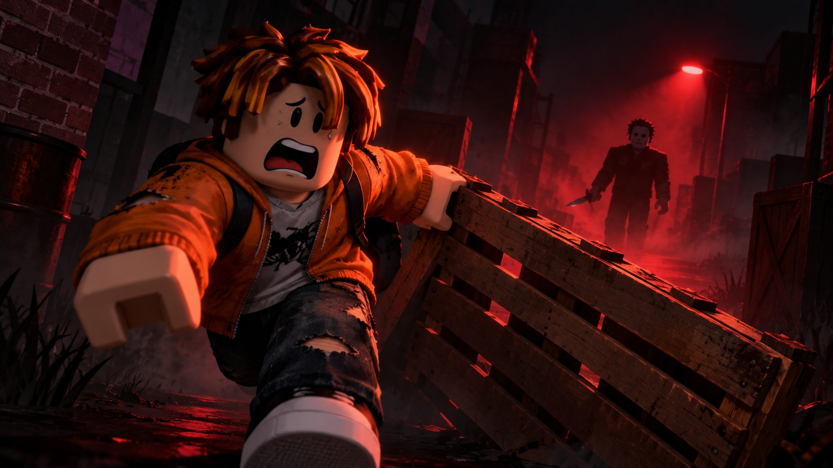 Superviviente de Violence District en Roblox huyendo del asesino con un palé