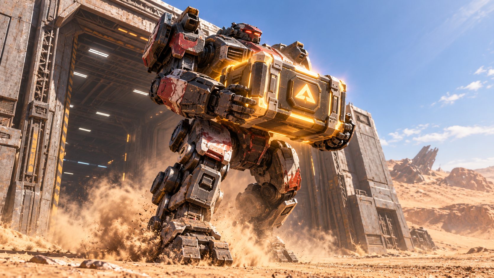 Un robot gigante de War Robots sale de su hangar cargando una caja de recompensa brillante
