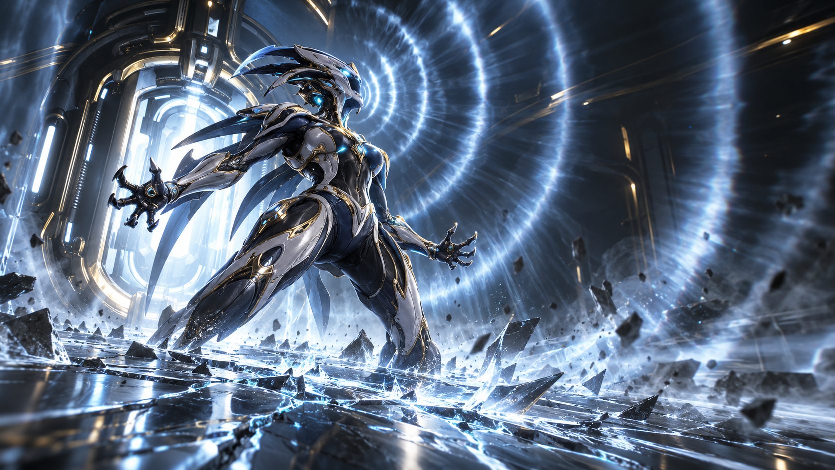 Banshee sale del Arsenal de la nave de Warframe lanzando ondas sónicas