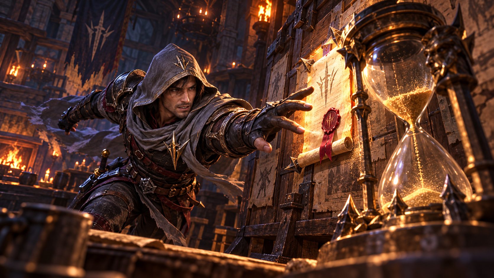 Mercenario de Watcher of Realms coge un pergamino de recompensa junto a un reloj de arena casi vacío