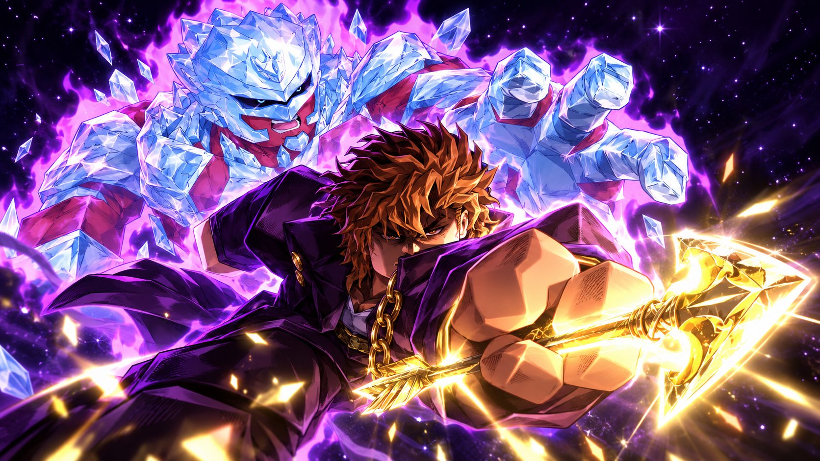 Un jugador de Your Bizarre Adventure atrapa en el aire una flecha dorada con su stand de cristal detrás