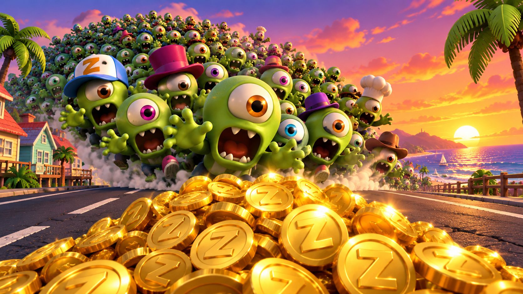 Horda de zombis verdes de Zombie Tsunami lanzándose sobre un montón de monedas de oro en la carretera