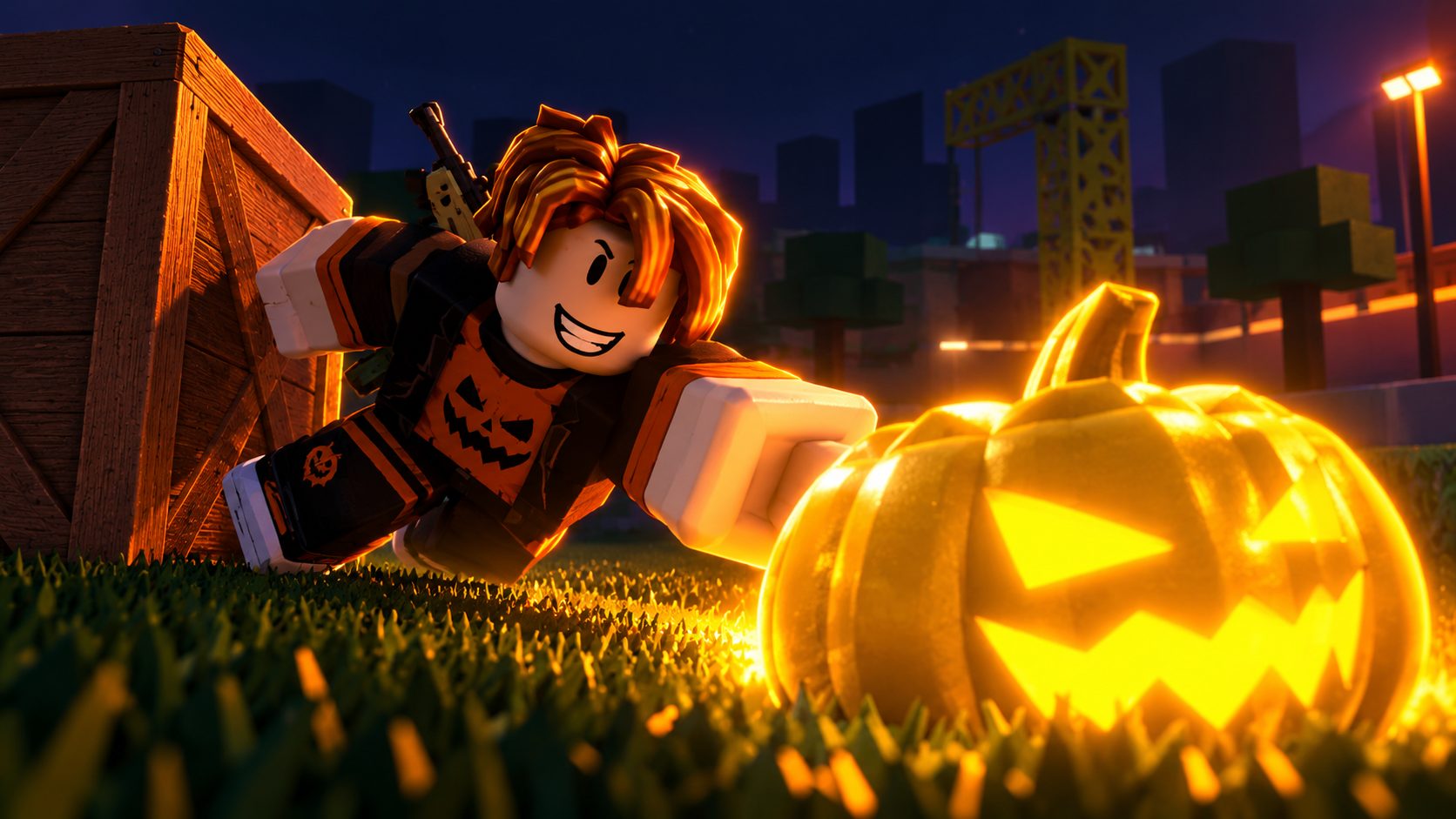 Avatar de Zona de Sangre en Roblox cogiendo una calabaza dorada durante el evento de Halloween
