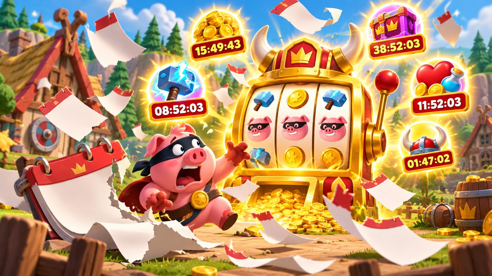 Tragaperras de Coin Master con temporizadores de eventos y un calendario roto