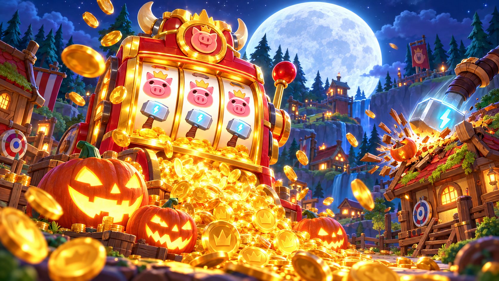 Tragaperras de Coin Master con calabazas de Halloween bajo la luna llena
