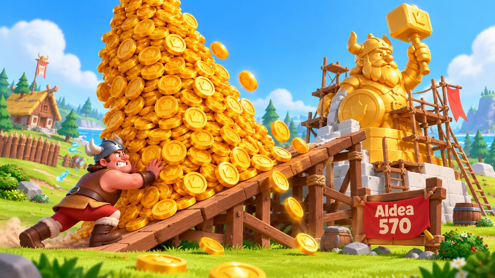 Montaña de monedas de oro en una aldea de Coin Master