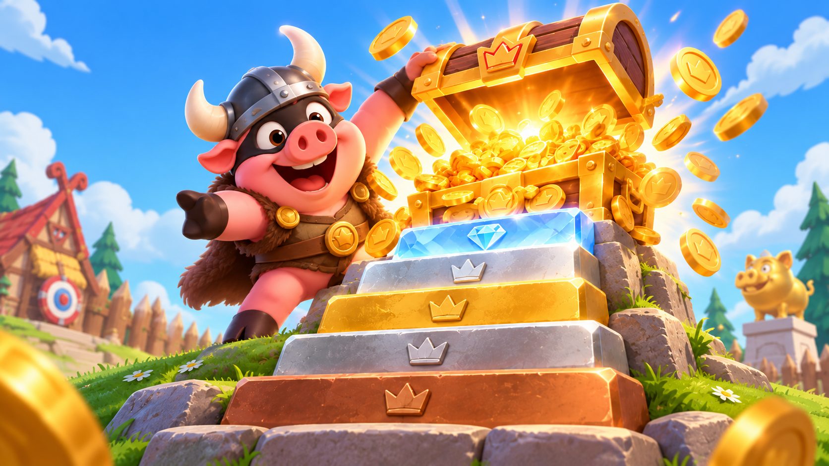 Vikingo de Coin Master abriendo un cofre dorado en lo alto de una escalera de cinco niveles