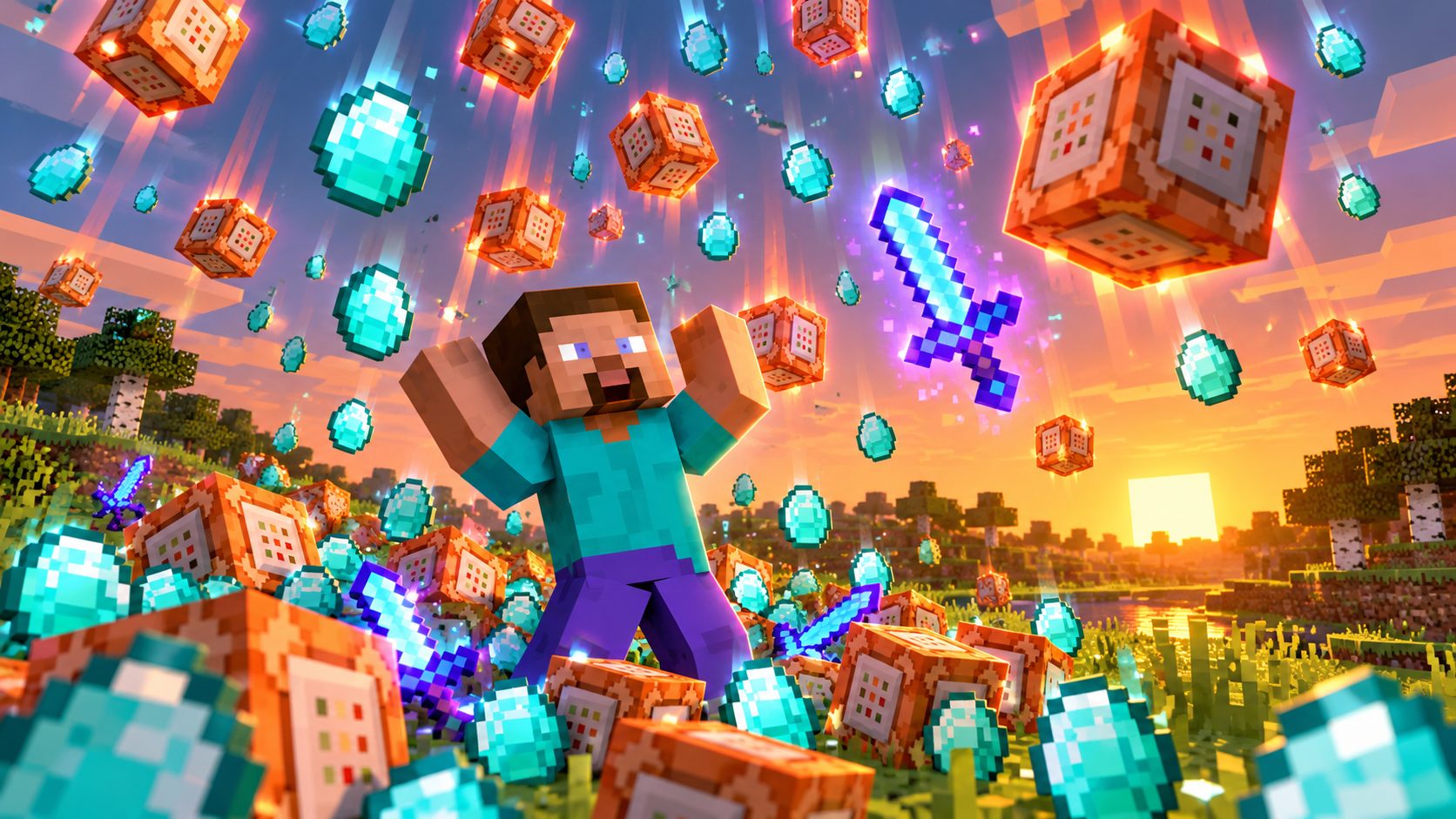 Steve de Minecraft rodeado de bloques de comandos y diamantes que caen del cielo