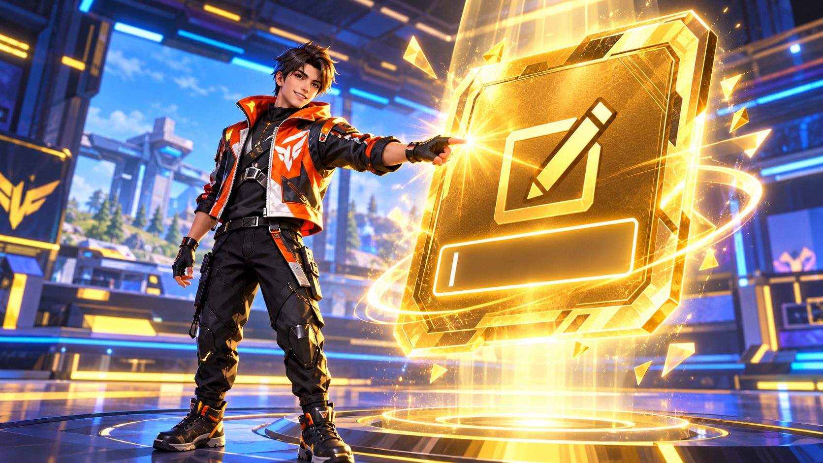 Personaje de Free Fire junto a una tarjeta de cambio de nombre gigante en el lobby