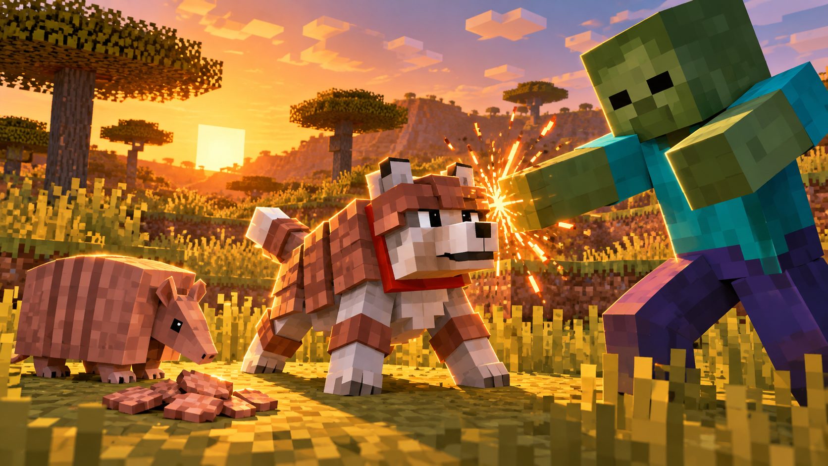 Lobo de Minecraft con armadura de armadillo junto a un armadillo en la sabana