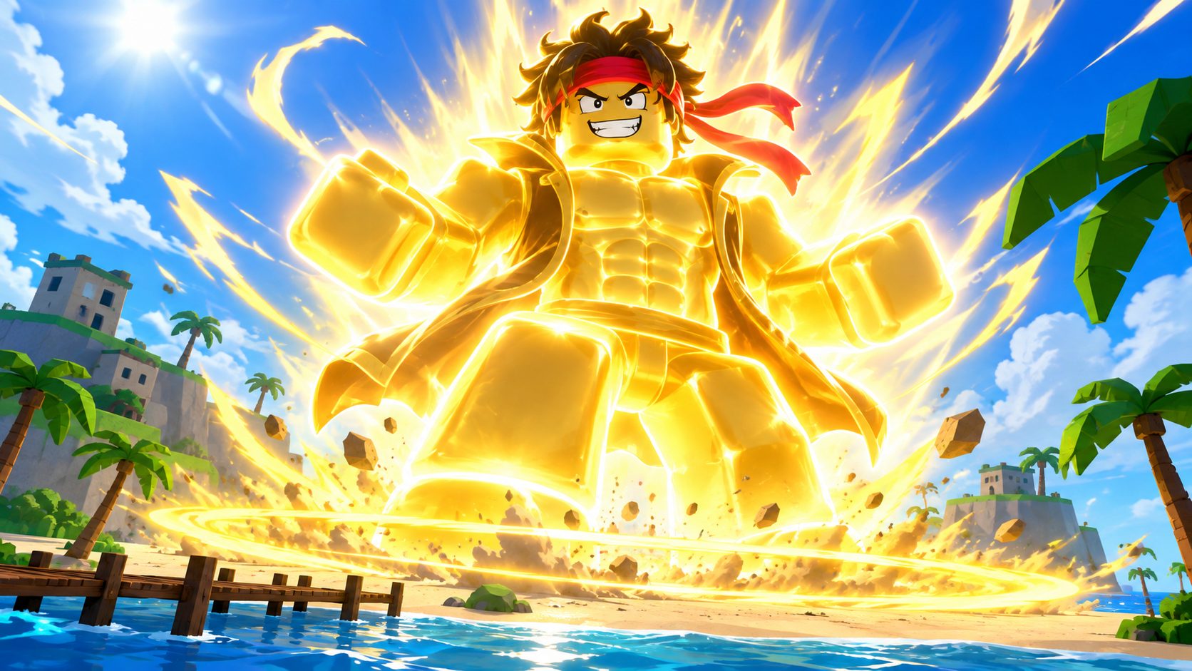 Avatar de Blox Fruits transformado en el gigante dorado de la fruta Buddha sobre una isla tropical