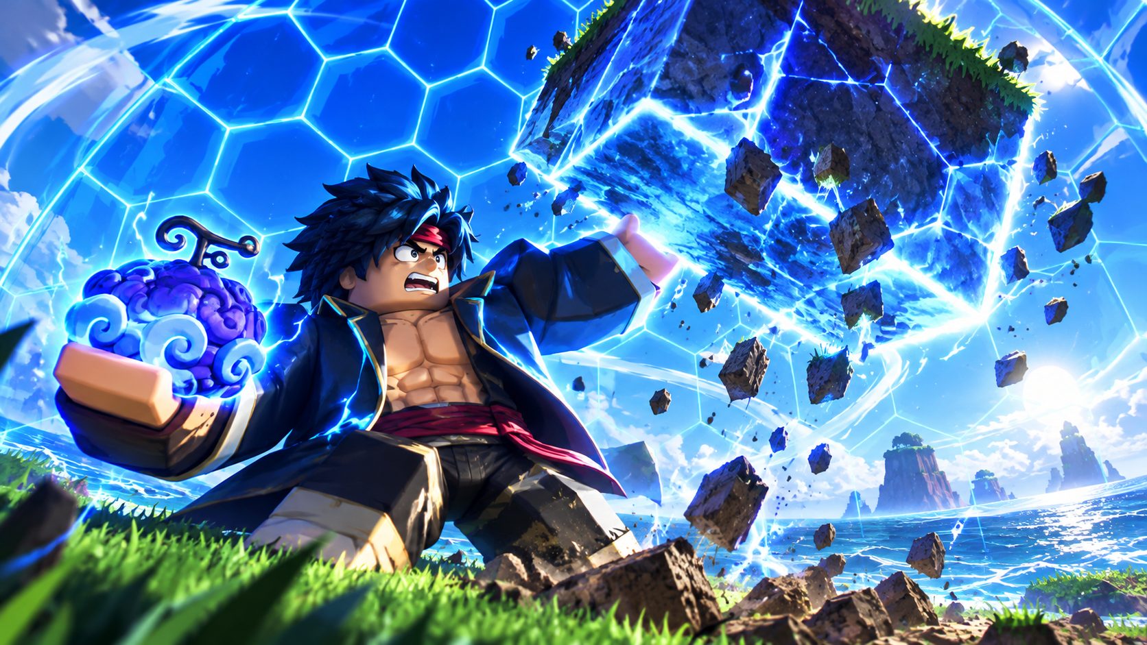 Avatar de Blox Fruits dentro del Dominio azul de la fruta Control levantando un cubo gigante