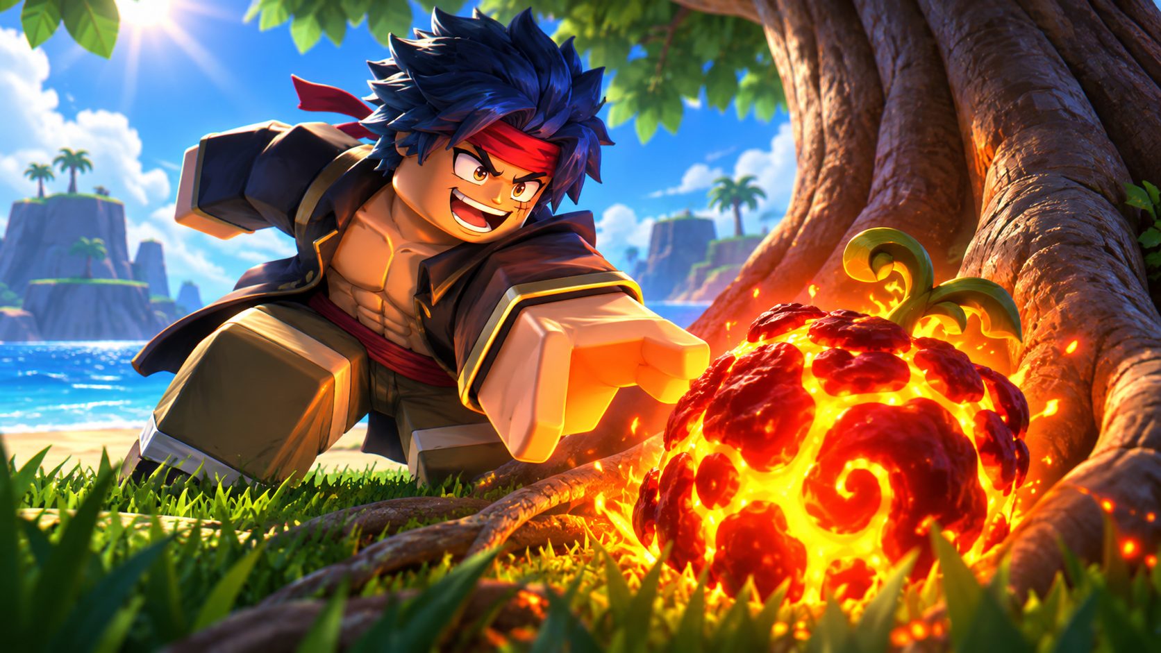 Un pirata de Blox Fruits encuentra la fruta Magma brillando bajo un árbol