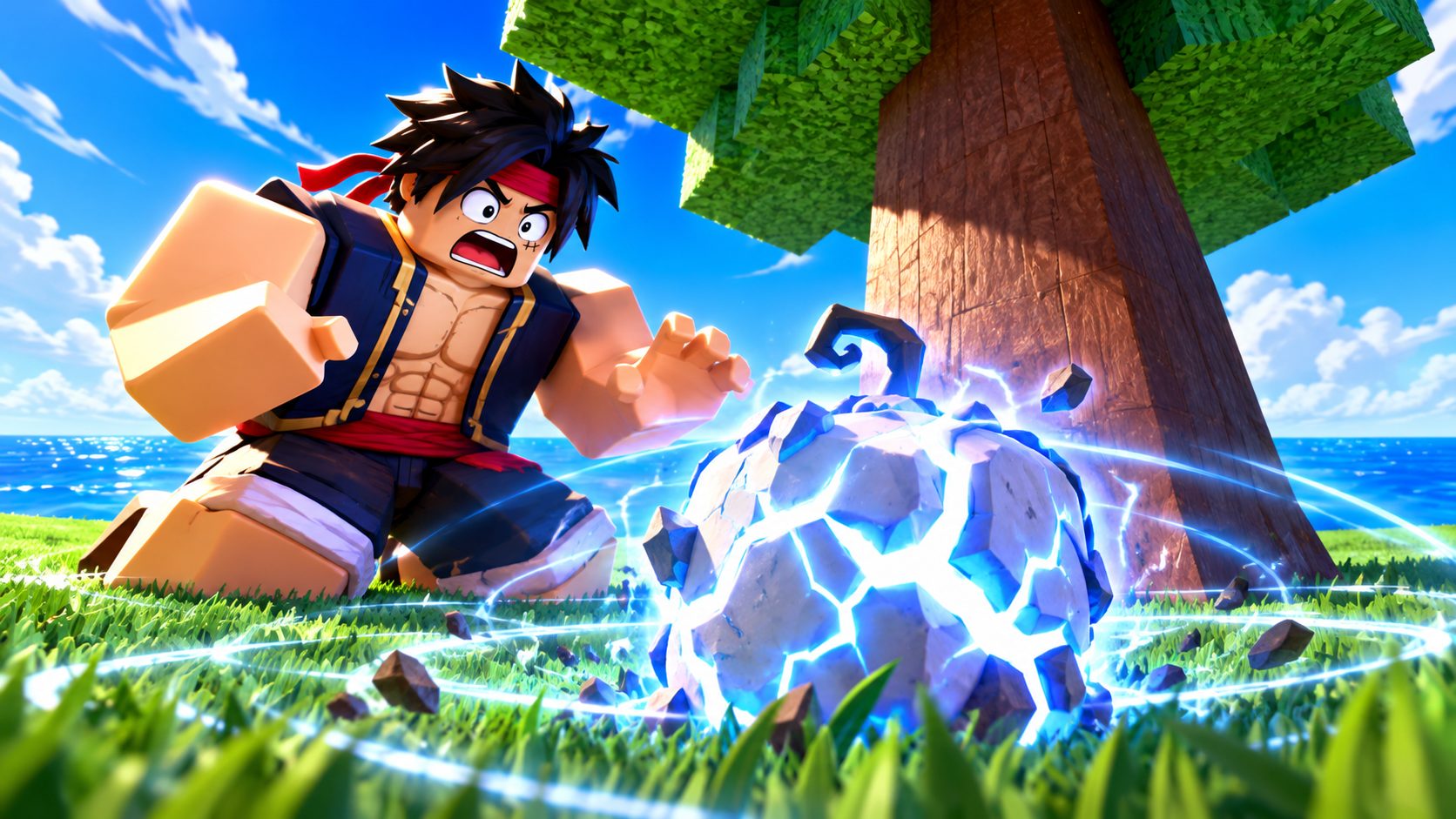 Un avatar pirata de Blox Fruits encuentra la fruta Quake debajo de un árbol