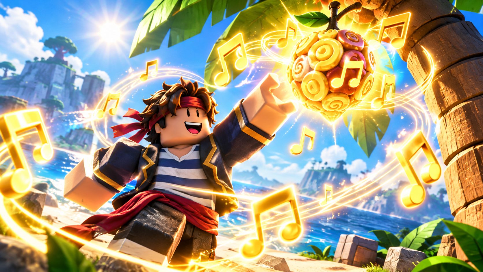 Avatar de Blox Fruits encontrando la fruta Sound bajo un árbol