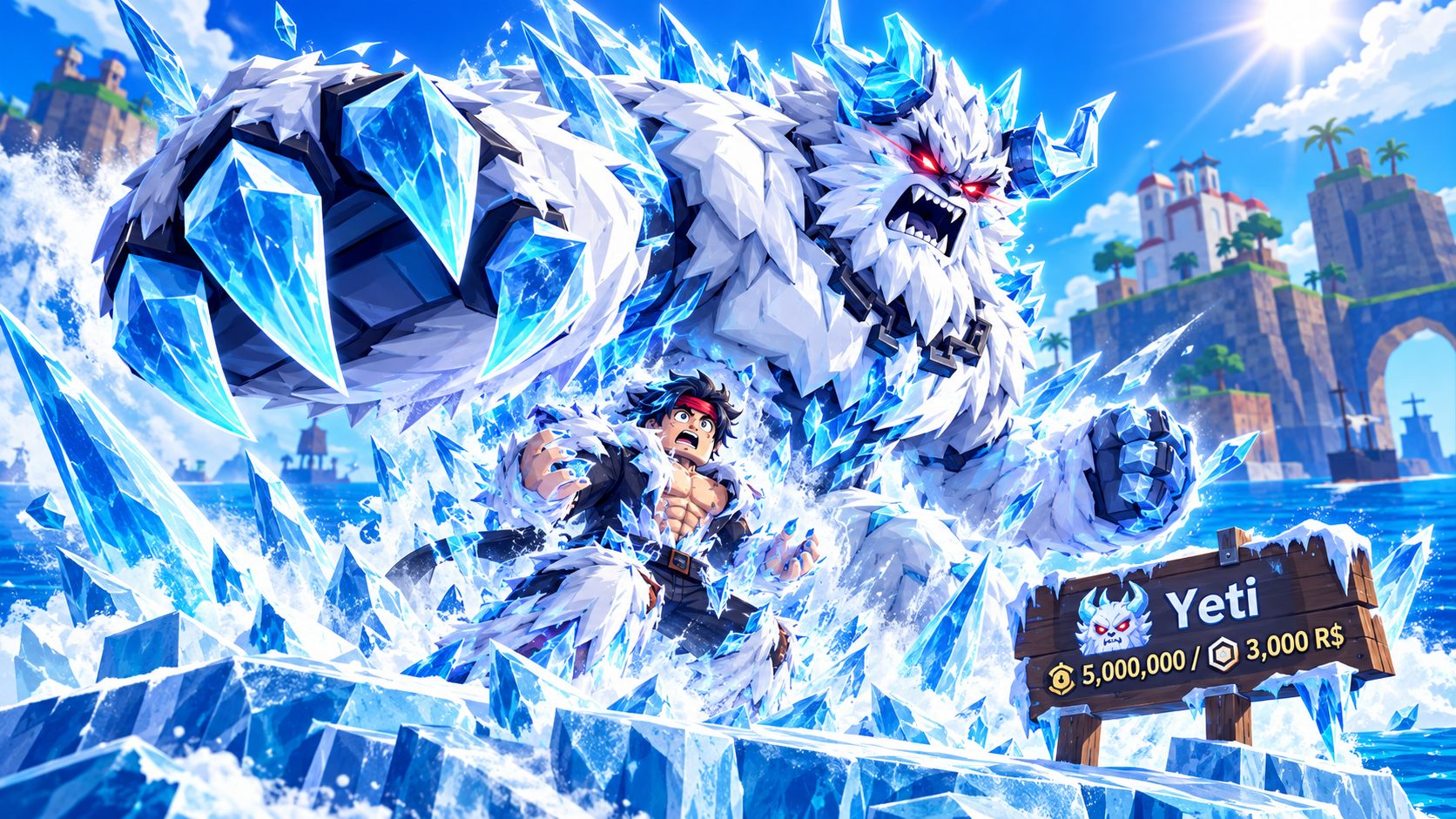 Un jugador de Blox Fruits se transforma en el Yeti de nieve sobre una placa de hielo en el mar