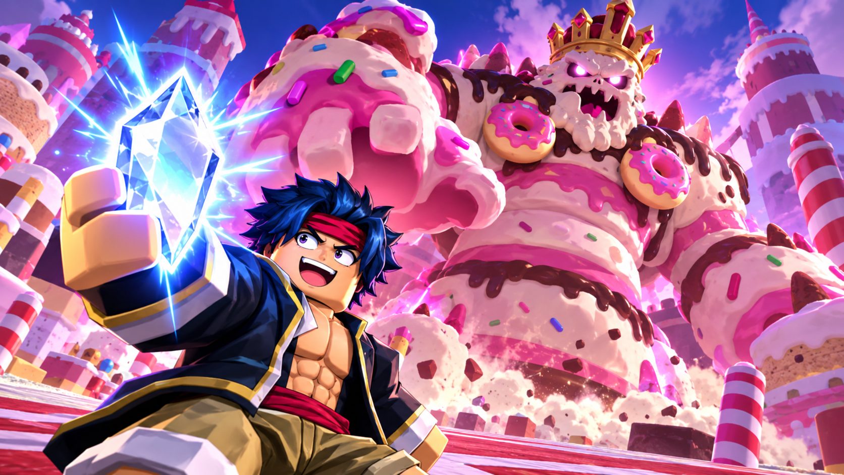 Jugador de Blox Fruits con el Mirror Fractal delante del Dough King