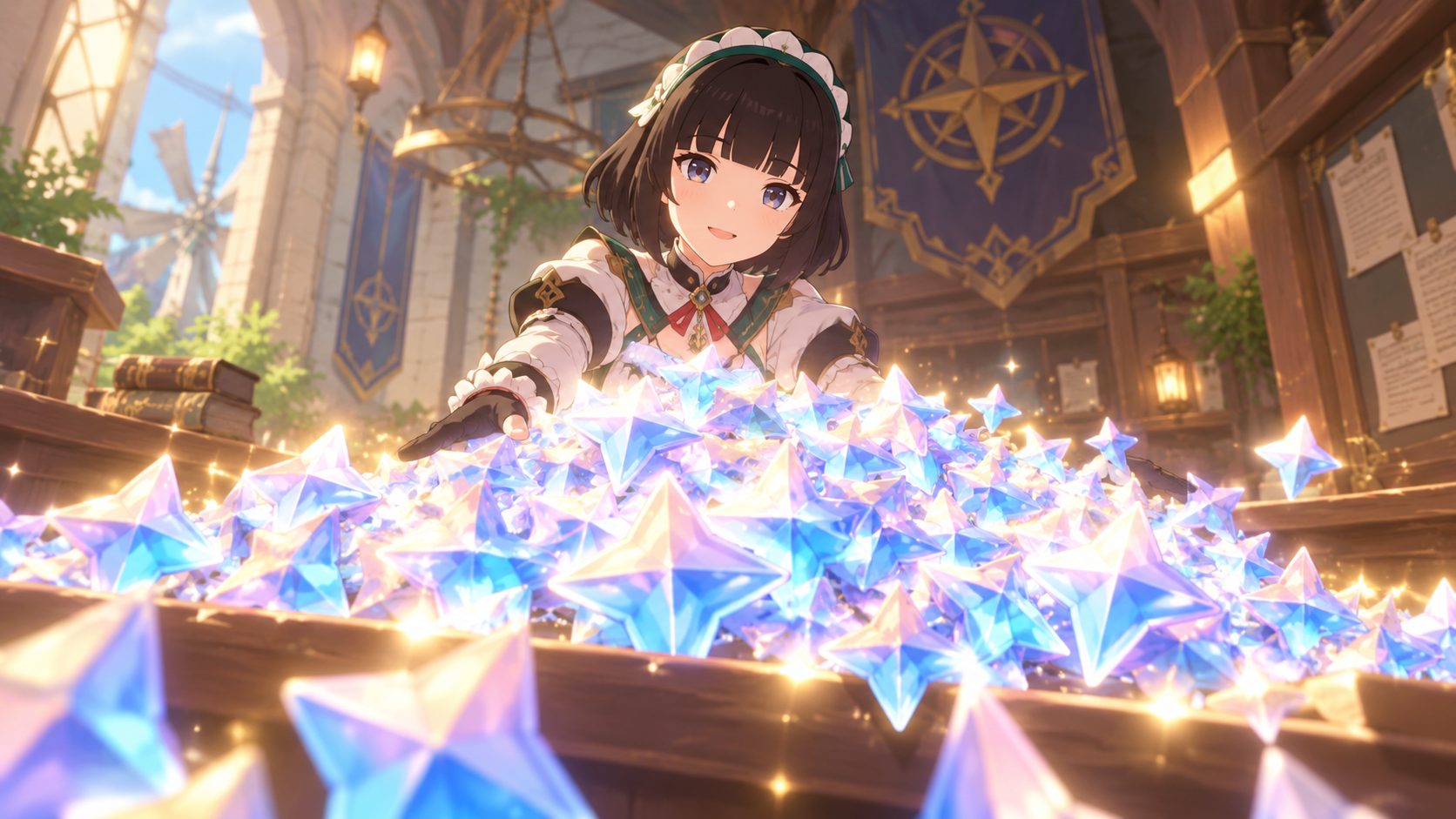 Katheryne entrega un montón de Protogemas en el Gremio de Aventureros de Genshin Impact