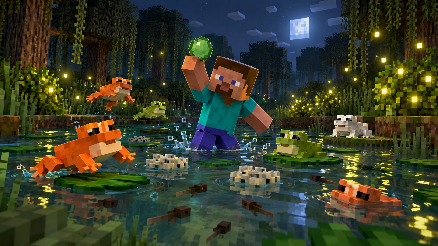Jugador de Minecraft en un pantano de noche rodeado de ranas de tres colores, huevos de rana y luciérnagas