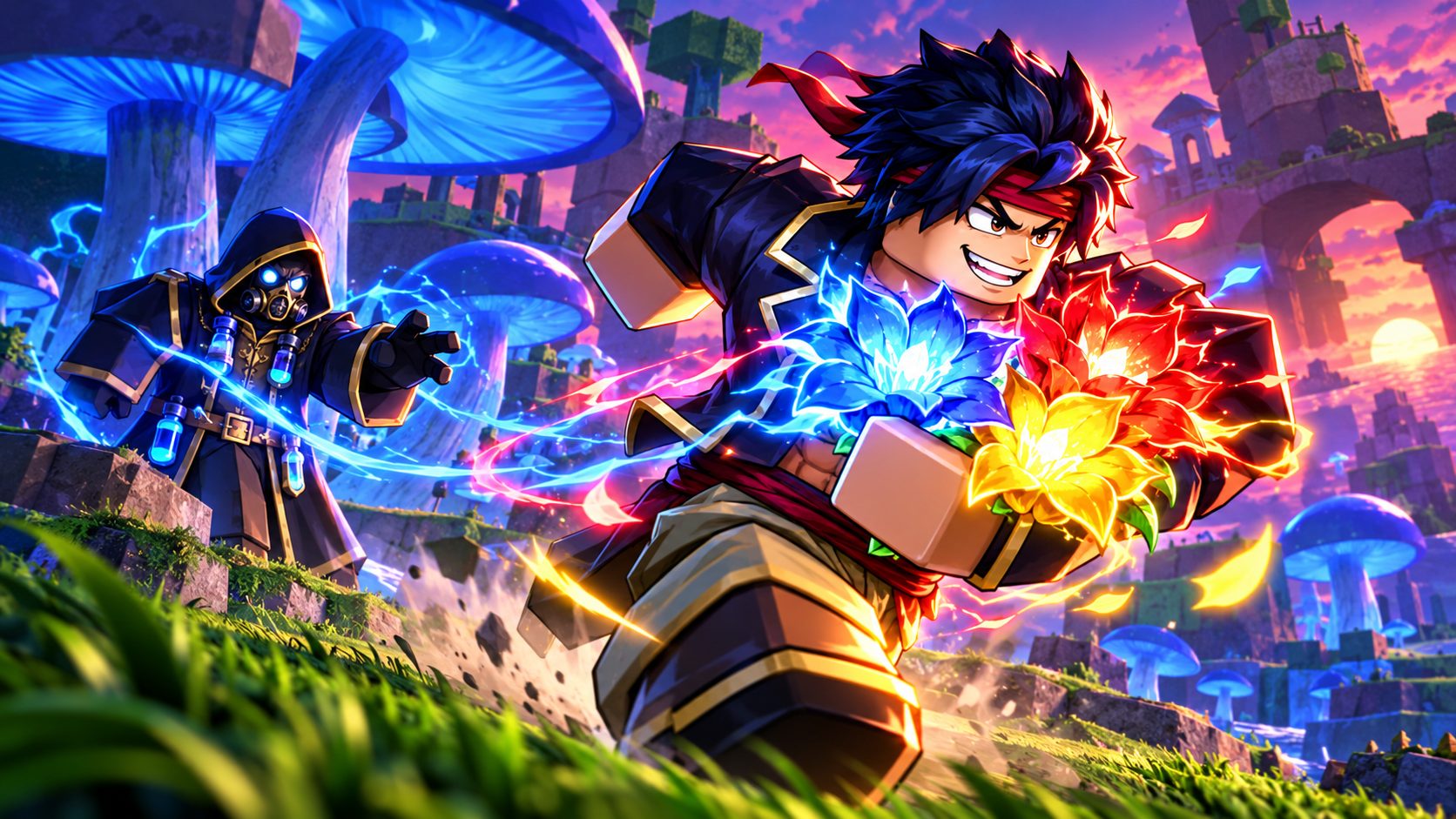 Personaje de Blox Fruits lleva tres flores brillantes al Alchemist en la Green Zone