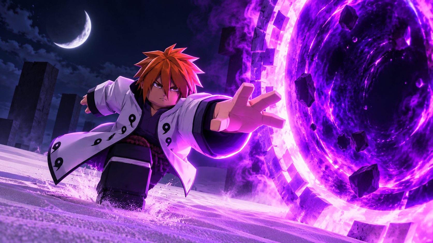 Un ninja de Shindo Life frente al portal morado de Espada donde se desbloquea Aizden