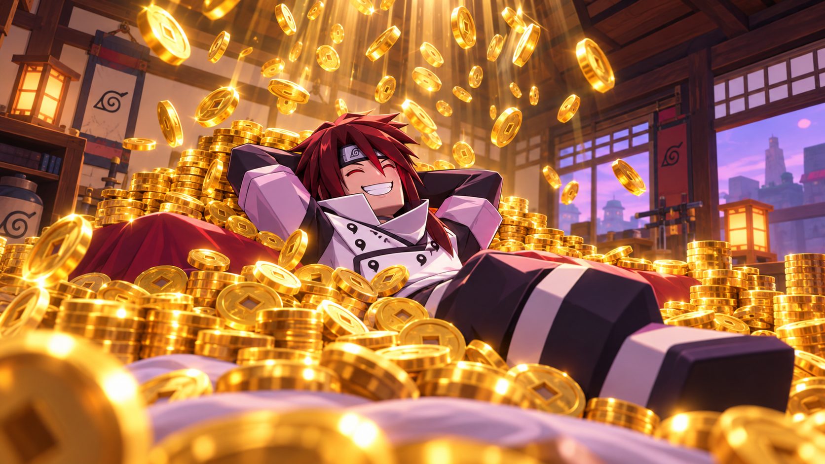 Ninja de Shindo Life tumbado en la cama de My Home mientras le llueven monedas de Ryo