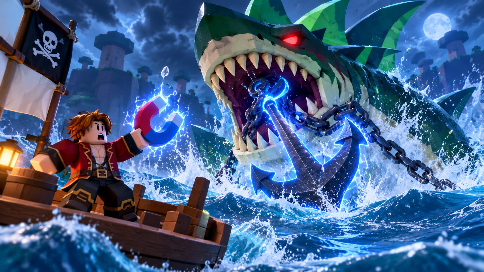 Terrorshark gigante con un ancla atraído por un imán en Blox Fruits